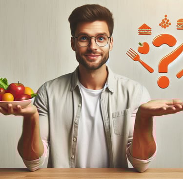 un homme tient dans sa main une assiette de légumes et fruits