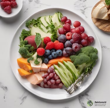 une assiette avec des fruits des légumes et des baies