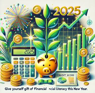 Festive New Year-themed digital illustration featuring a budget planner, credit score chart, calcula
