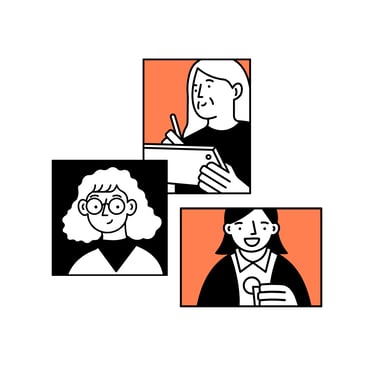 an illustration of three women in a black, orange and white picture