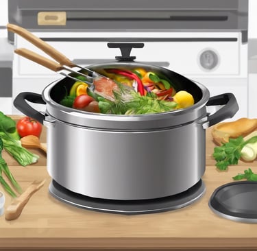 A pair of hands is stirring a pot filled with various chopped vegetables, including carrots, potatoes, and green beans. The pot sits on a stove, and the surrounding kitchen area is dimly lit, giving a warm ambiance to the scene.