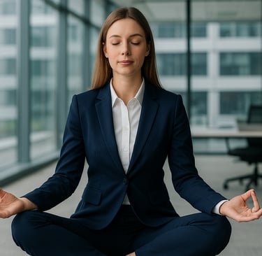 Pracownica korporacji, medytuje w biurze.