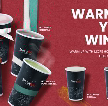 Sharetea Georgetown hot drinks menu featuring Hot Strawberry Coconut, Hot Honey Pearl Oolong Milk Te