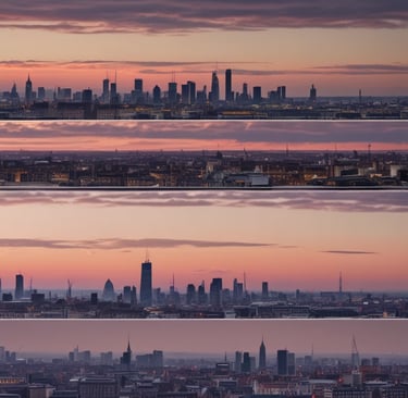 Panoramic skylines of London, Manchester, and Glasgow from top to bottom.