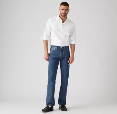 Levi’s 501 Original Fit Jeans styled with a white button-up shirt and black leather shoes.