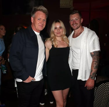 Gordon Ramsay with his daughter Hollie Ramsay and Olympian Adam Peaty at Lucky Cat opening.