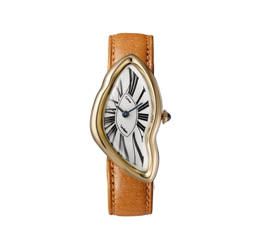 Cartier Crash watch with a surreal, melted dial design and leather strap.