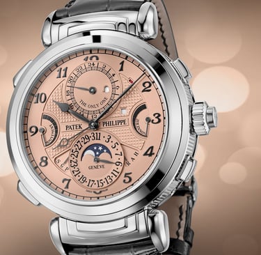 Patek Philippe Grandmaster Chime luxury watch with rose gold dial and intricate complications.