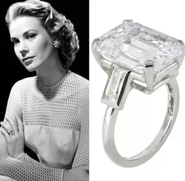 Grace Kelly and her Cartier emerald-cut diamond engagement ring.