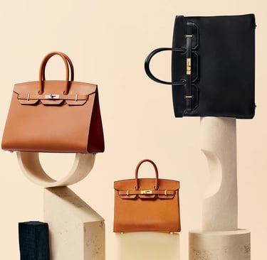 Hermes Birkin bags, Luxury tan and black handbags displayed on minimalist stone stands.