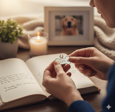 Persona sosteniendo medalla de perro junto a un diario y una vela, terapia de duelo animal Amara
