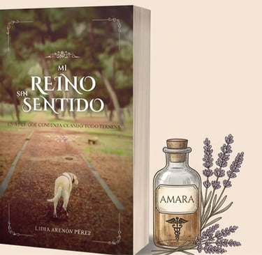 Spanish book Mi Reino Sin Sentido by Lidia Arenón Pérez with lavender and essential oil bottle.