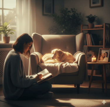 "Terapia de duelo animal Amara: mujer escribiendo junto a su perro en un ambiente de paz.