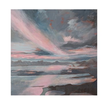 painting of pink clouds over grey riverscape
