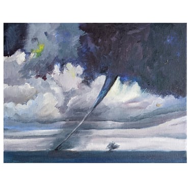 Ölgemälde eines Tornados, Grautöne und ein Hauch von Gelb und Blau und windgepeitschter Baum