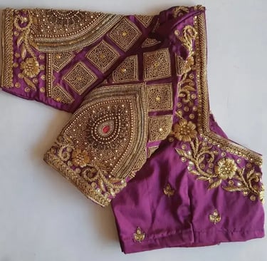 a purple blouse with gold and gold threadwork and a purple blouse