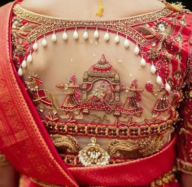 a woman in a red sari sari with a gold necklace