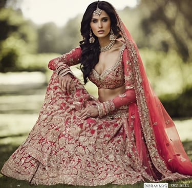 a woman in a red and gold bridalle dress