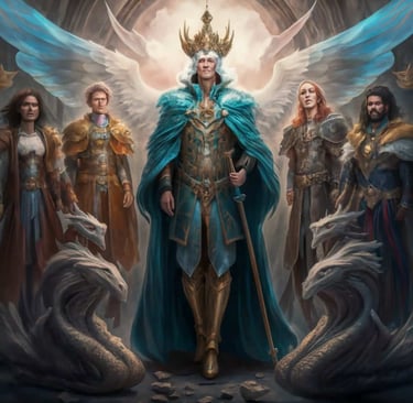 a male angel with a crown and a sword