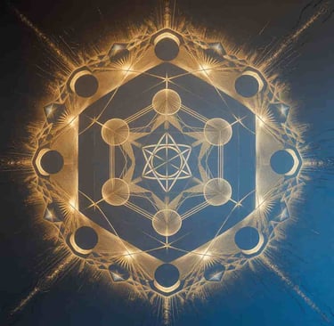 A meticulously crafted geometric design, predominantly in gold against a deep blue background. The d