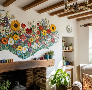 a living room with a fireplace and a large mural of flowers