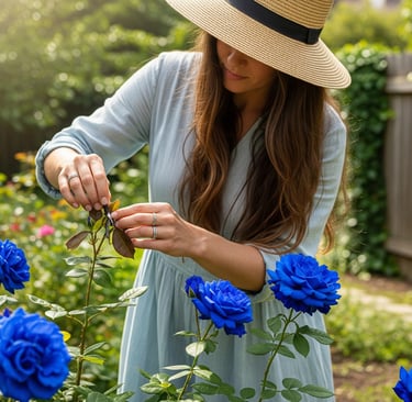 woman in garden caring for blue roses