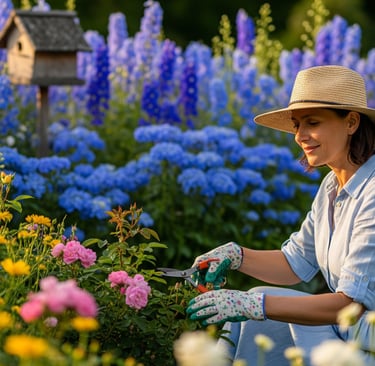 woman mastering flower breediing in garden