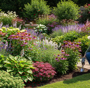 woman planting in perennials garden