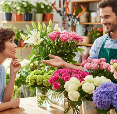 woman asking male florist for advice