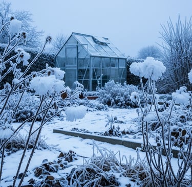 a greenhouse with snow covered plants and a greenhouse