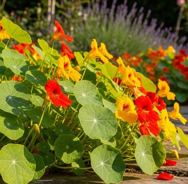 a garden with nasturtiums and plants in the foreground