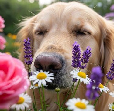 a dog is sitting sniffing floral fragrances