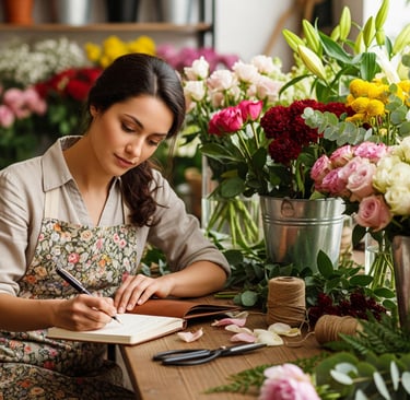 a woman in a floral dress is writing on a notebook about flower meaning