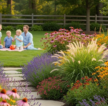 perennials garden with family sat on grass