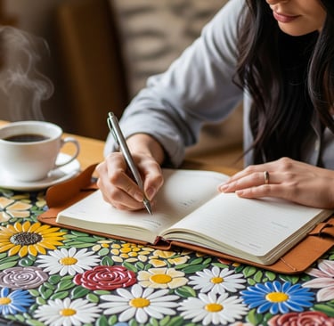 a woman is writing in a notebook and holding a pen