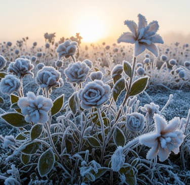 a field of frosty flowers