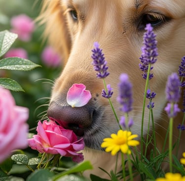 a dog is sniffing the flowers in the garden