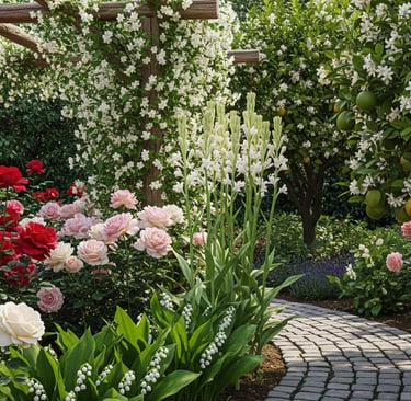 a garden with a path leading to a garden