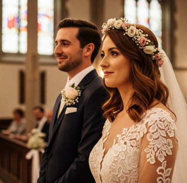 a bride and groom standing in a church
