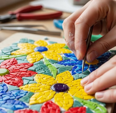 close up of mosaic flowers being made by hand