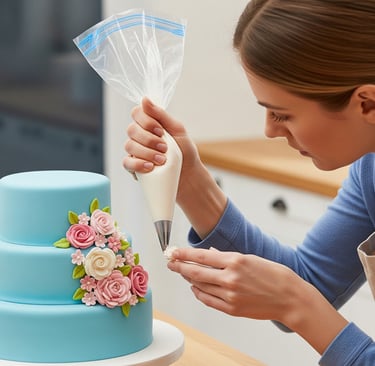 a woman in a blue shirt piping buttercream flowers