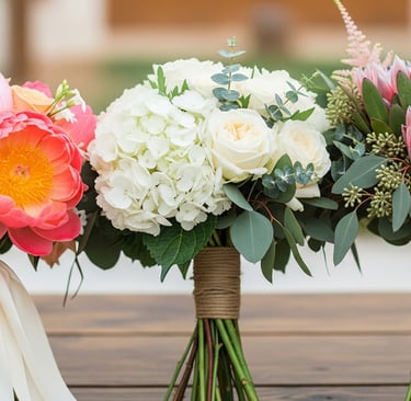 three wedding bouquets on display