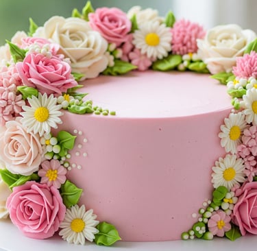 a cake with pink and white flowers on top of a white cake