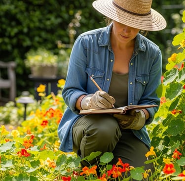 a woman in a straw hat is writing on a notebook