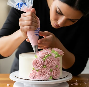 a woman is using a cake with a pink rose on it