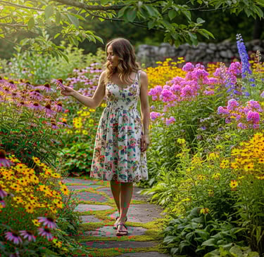 woman walking in garden looking at flowers