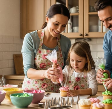 a family of three children and adults in a kitchen piping buttercream flowers