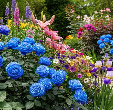 blue roses and other hybrid flowers in garden