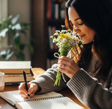 a woman sitting at a desk with a notebook smelling floral fragrances