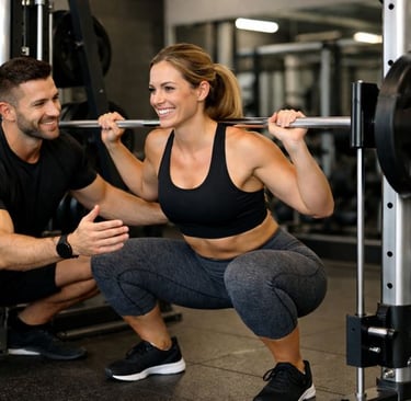 Personal trainer coaching a female client through a squat on a Smith machine in a modern gym